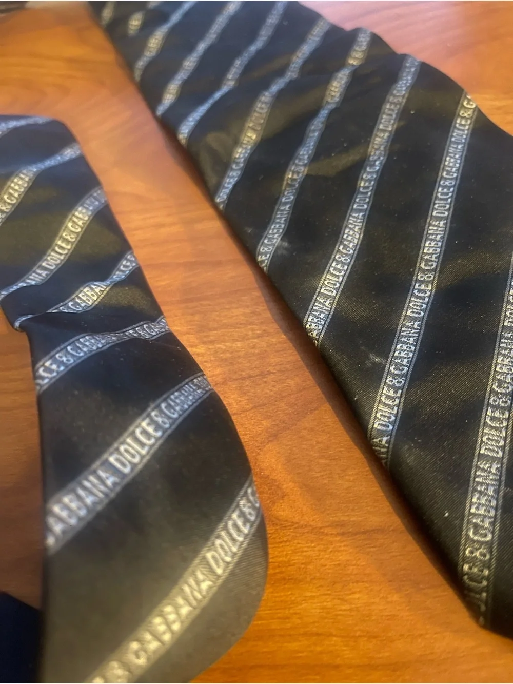 Dolce & Gabbana Black Striped Logo Silk Tie